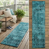 8' Runner Teal Abstract Washable Non Skid Indoor Outdoor Runner Rug
