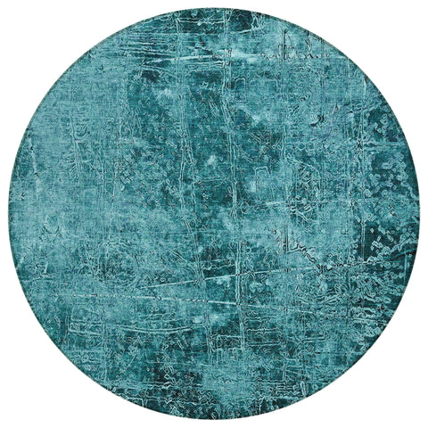8' Round Teal Round Abstract Washable Non Skid Indoor Outdoor Area Rug