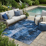 5' X 8' Navy Blue Floral Washable Non Skid Indoor Outdoor Area Rug