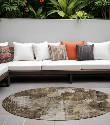 8' Round Taupe Round Floral Washable Non Skid Indoor Outdoor Area Rug