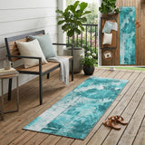 8' Runner Teal Floral Washable Non Skid Indoor Outdoor Runner Rug