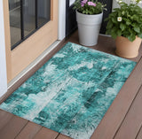 3' X 5' Teal Floral Washable Non Skid Indoor Outdoor Area Rug