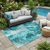 5' X 8' Teal Floral Washable Non Skid Indoor Outdoor Area Rug