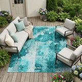 8' X 10' Teal Floral Washable Non Skid Indoor Outdoor Area Rug