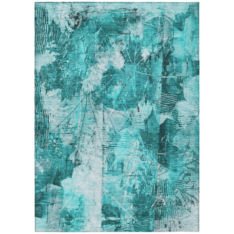 8' X 10' Teal Floral Washable Non Skid Indoor Outdoor Area Rug