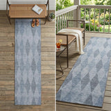 8' Runner Denim Blue Geometric Washable Non Skid Indoor Outdoor Runner Rug