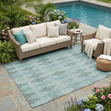 5' X 8' Teal Geometric Washable Non Skid Indoor Outdoor Area Rug