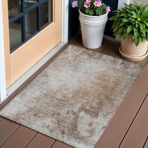 2' X 3' Brown And Off White Abstract Washable Indoor Outdoor Area Rug