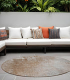 8' Round Brown and Off White Round Abstract Washable Non Skid Indoor Outdoor Area Rug