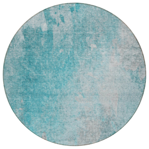 8' Round Teal Round Abstract Washable Non Skid Indoor Outdoor Area Rug