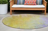 8' Blue Gold And Wheat Round Abstract Washable Indoor Outdoor Area Rug