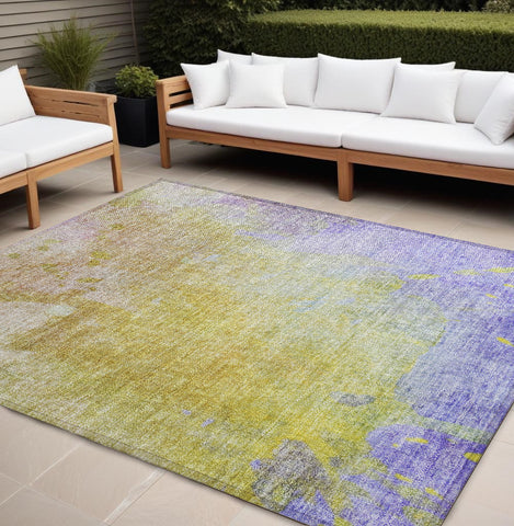 8' X 10' Blue Gold And Wheat Abstract Washable Indoor Outdoor Area Rug