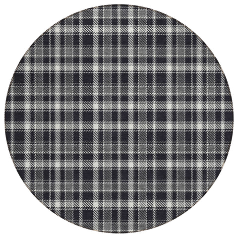 8' Black Gray And White Round Plaid Washable Indoor Outdoor Area Rug