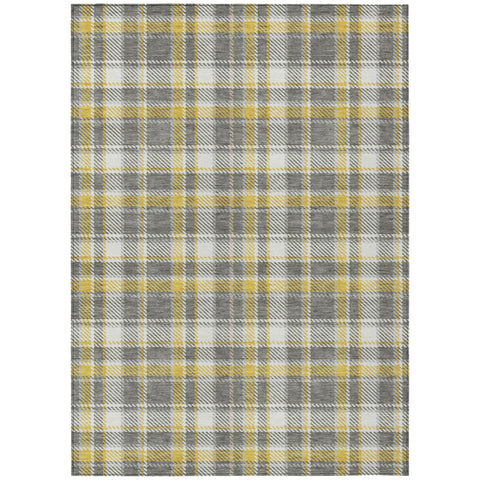 5' X 8' Gray Yellow and White Plaid Washable Non Skid Indoor Outdoor Area Rug