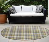 8' Round Gray Yellow and White Round Plaid Washable Non Skid Indoor Outdoor Area Rug