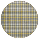 8' Round Gray Yellow and White Round Plaid Washable Non Skid Indoor Outdoor Area Rug