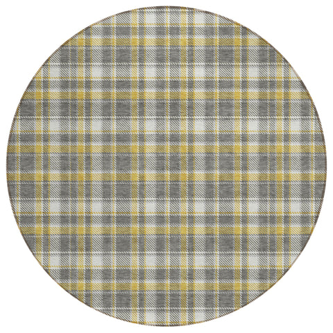 8' Round Gray Yellow and White Round Plaid Washable Non Skid Indoor Outdoor Area Rug