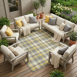 8' X 10' Gray Yellow and White Plaid Washable Non Skid Indoor Outdoor Area Rug