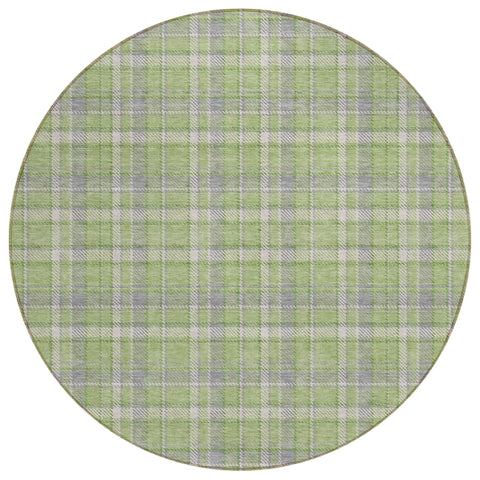 8' Round Green and Gray Round Plaid Washable Non Skid Indoor Outdoor Area Rug