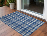 2' X 3' Navy and Ivory Plaid Washable Non Skid Indoor Outdoor Area Rug