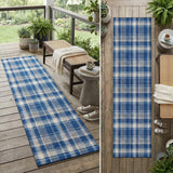 8' Runner Navy and Ivory Plaid Washable Non Skid Indoor Outdoor Runner Rug