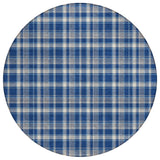 8' Round Navy and Ivory Round Plaid Washable Non Skid Indoor Outdoor Area Rug