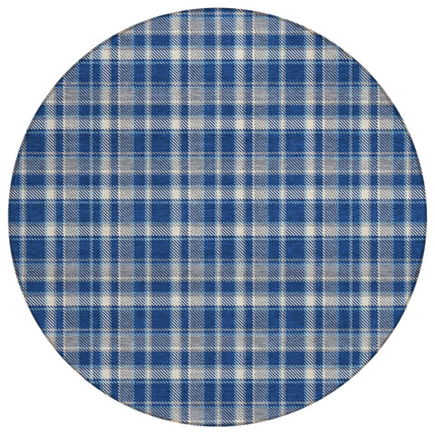 8' Round Navy and Ivory Round Plaid Washable Non Skid Indoor Outdoor Area Rug