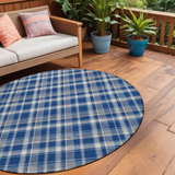 8' Round Navy and Ivory Round Plaid Washable Non Skid Indoor Outdoor Area Rug