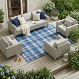 8' X 10' Navy and Ivory Plaid Washable Non Skid Indoor Outdoor Area Rug