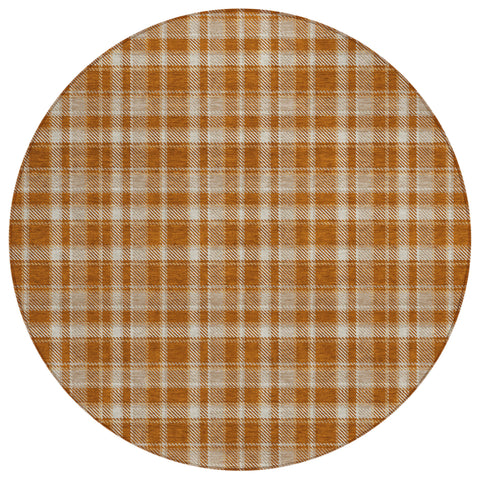 8' Round Orange and Ivory Round Plaid Washable Non Skid Indoor Outdoor Area Rug