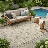 5' X 8' Beige and Gray Floral Medallion Washable Non Skid Indoor Outdoor Area Rug