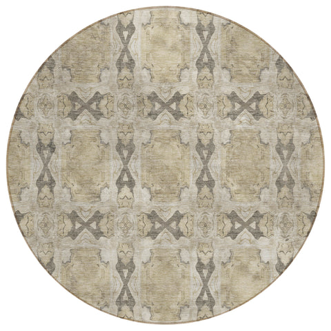 8' Beige And Gray Round Floral Medallion Washable Indoor Outdoor Area Rug