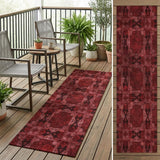 8' Burgundy And Black Floral Medallion Washable Indoor Outdoor Runner Rug