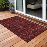 3' X 5' Burgundy And Black Floral Medallion Washable Indoor Outdoor Area Rug