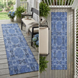 8' Runner Denim Blue and Gray Floral Medallion Washable Non Skid Indoor Outdoor Runner Rug