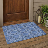 3' X 5' Denim Blue and Gray Floral Medallion Washable Non Skid Indoor Outdoor Area Rug