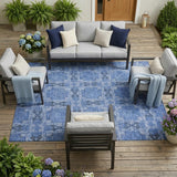 8' X 10' Denim Blue and Gray Floral Medallion Washable Non Skid Indoor Outdoor Area Rug