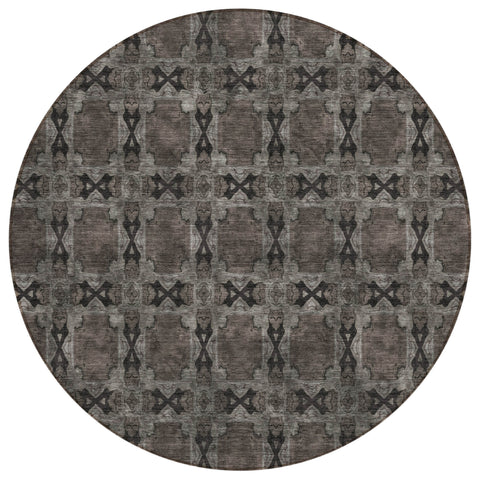 8' Round Gray and Black Round Floral Medallion Washable Non Skid Indoor Outdoor Area Rug