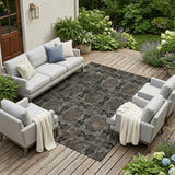 8' X 10' Gray And Black Floral Medallion Washable Indoor Outdoor Area Rug