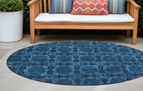 8' Round Navy and Gray Round Floral Medallion Washable Non Skid Indoor Outdoor Area Rug