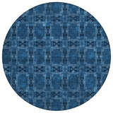 8' Round Navy and Gray Round Floral Medallion Washable Non Skid Indoor Outdoor Area Rug