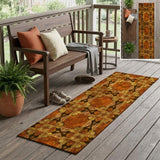 8' Runner Orange and Rust Floral Medallion Washable Non Skid Indoor Outdoor Runner Rug