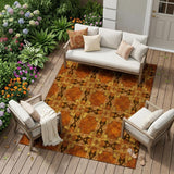 8' X 10' Orange And Rust Floral Medallion Washable Indoor Outdoor Area Rug