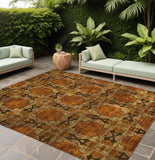 8' X 10' Orange And Rust Floral Medallion Washable Indoor Outdoor Area Rug