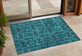 2' X 3' Teal Floral Medallion Washable Non Skid Indoor Outdoor Area Rug