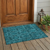2' X 3' Teal Floral Medallion Washable Non Skid Indoor Outdoor Area Rug