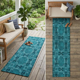 8' Runner Teal Floral Medallion Washable Non Skid Indoor Outdoor Runner Rug