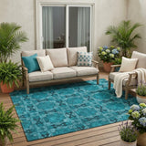 5' X 8' Teal Floral Medallion Washable Non Skid Indoor Outdoor Area Rug