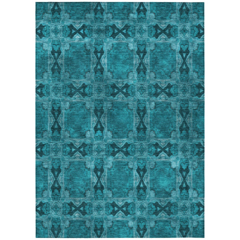 5' X 8' Teal Floral Medallion Washable Non Skid Indoor Outdoor Area Rug