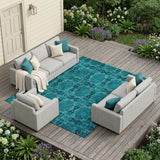 8' X 10' Teal Floral Medallion Washable Non Skid Indoor Outdoor Area Rug